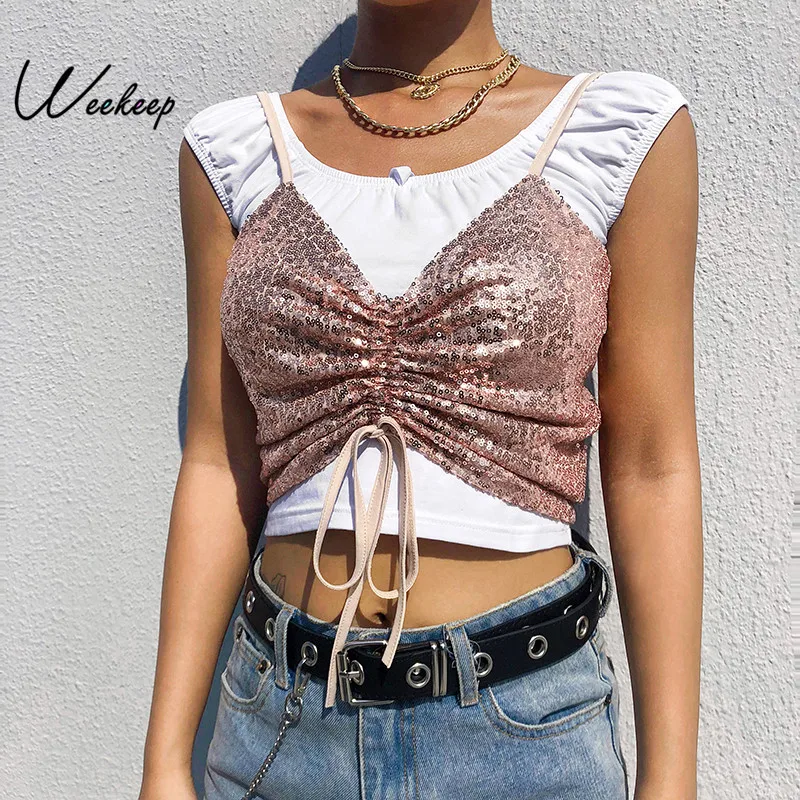 

Weekeep Cropped Sequin Adjustable Tank Top Women High Street Sexy Backless Crop Top 2019 Feminino Bralette Tank Tops Women