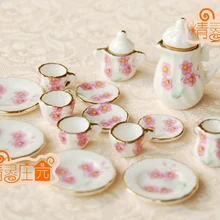 Мини кукольный керамический чайный сервиз с 15 головными розовыми ромашками