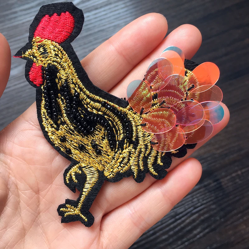 

1PCS Gold Cock Handmade Sewing on Beaded Patches for Clothes DIY Apparel Sewing Accessories LSHB476