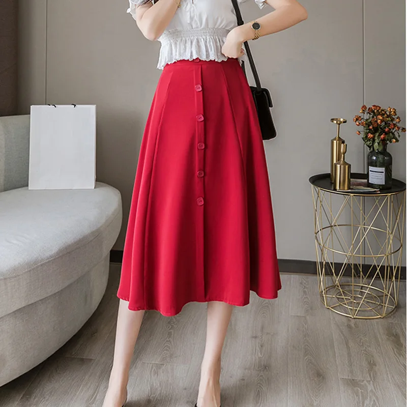 

High Waist A-line Cotton Blend Midi Skirt Women's Summer Single-breasted Buttobs Retro Solid Mid Skirts Red Yellow Skirts