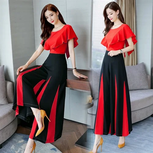 

2019 Summer Women batwing sleeve shirt+wide leg pants Sets lady two Pieces colors patchwork trousers Suits high quality