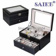 Top En Cuir Montres Boîte Noir 20 Grilles Montre Boîtes De Rangement Mode Marque Montre Affichage Boîte à Bijoux Montre Cadeau Cas