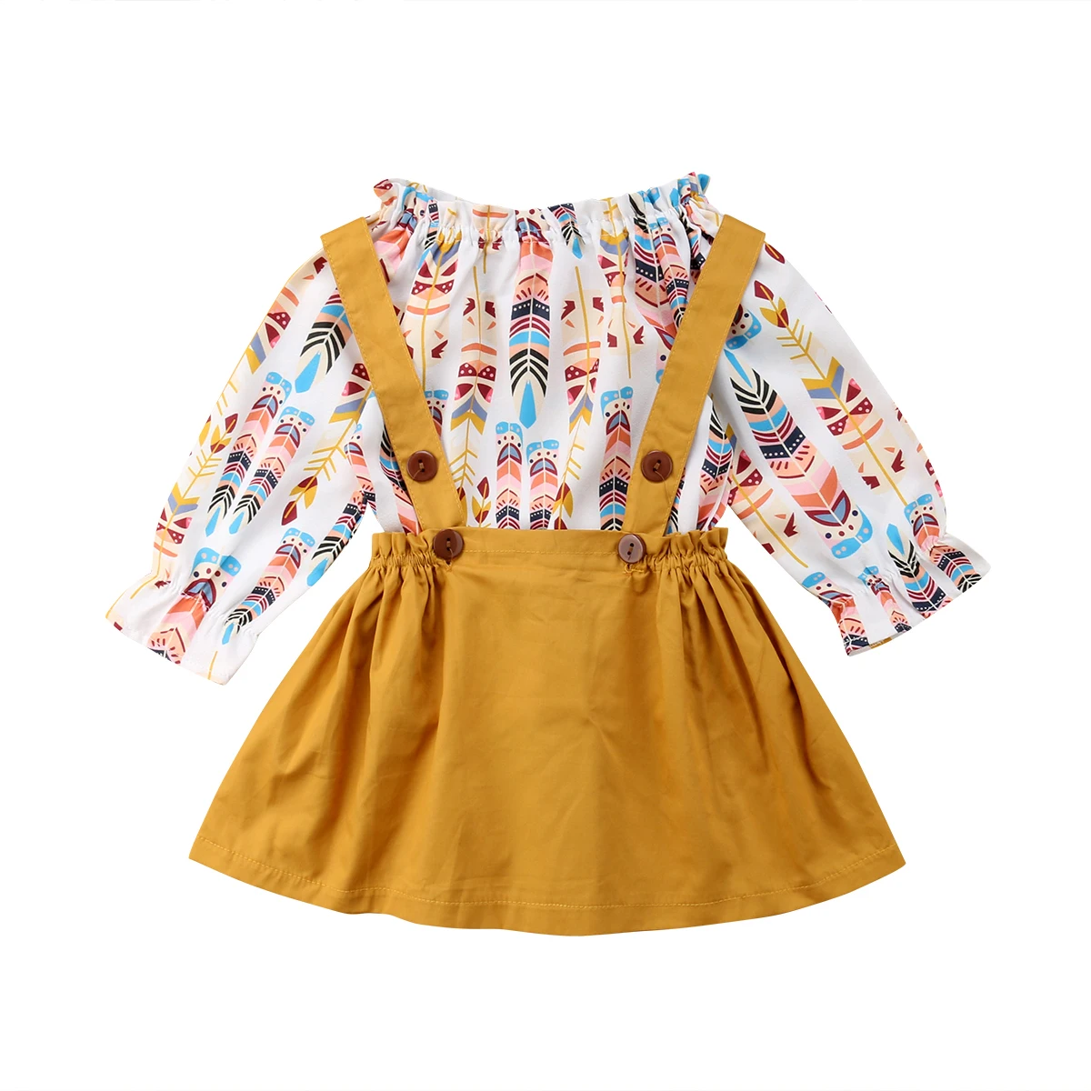 

Infant Kids Baby Girls Long Sleeve Feather Tops+Suspender Skirt Dress Overalls Outfits Set
