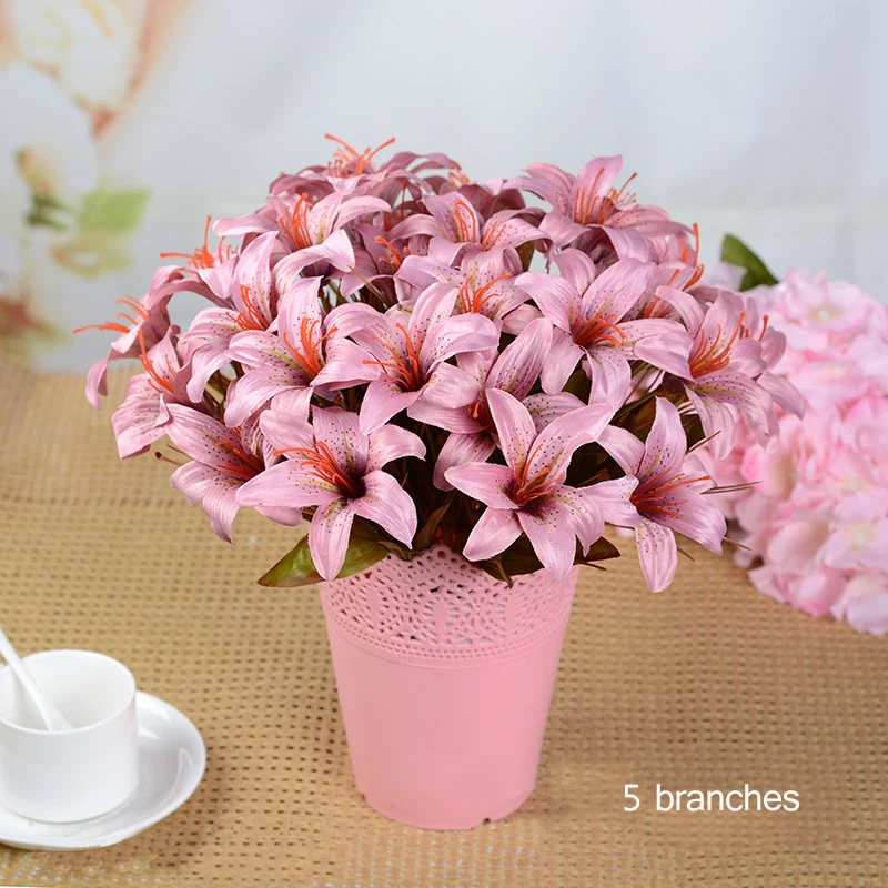 artificial lily flowers autumn color silk lilies 6 fork 6heads home balcony decoration fake flowers (5)