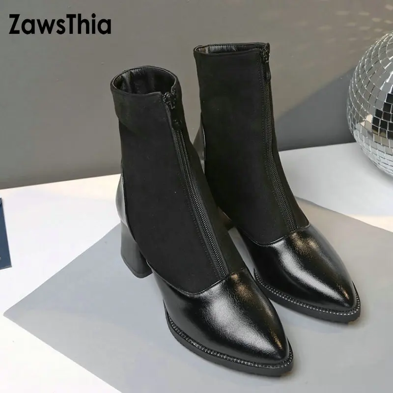 ZawsThia/2020 женская зимняя обувь черного цвета с острым носком на массивном каблуке