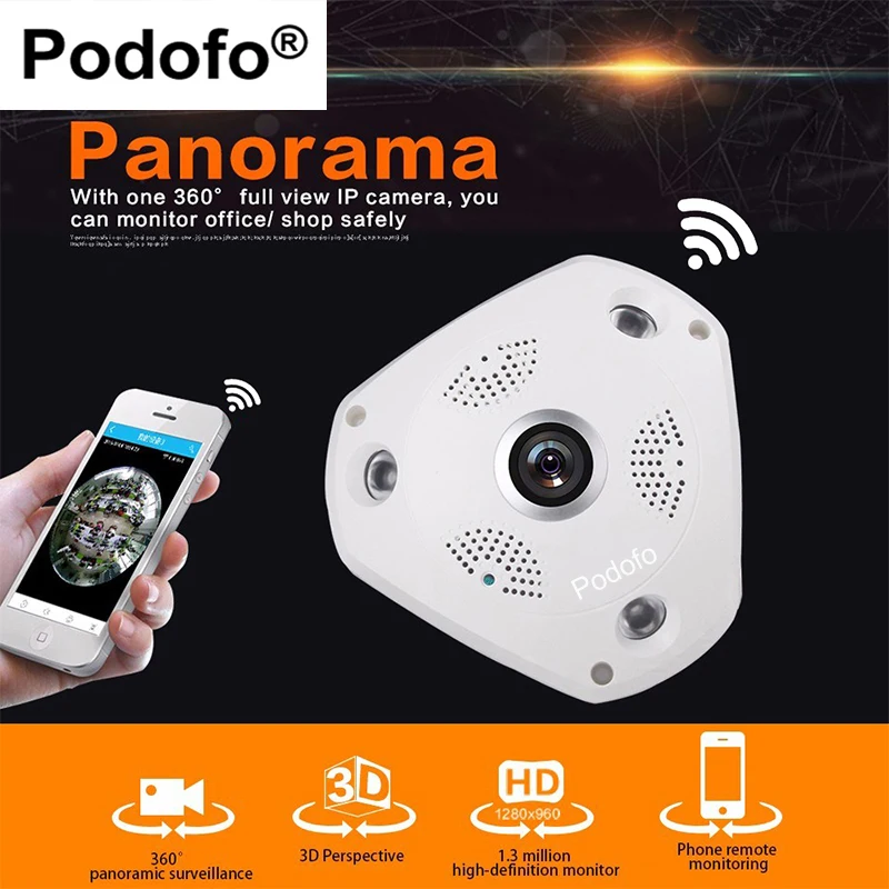 Podofo беспроводной VR 360 камера рыбий глаз система видеонаблюдения 960P ip Экшн