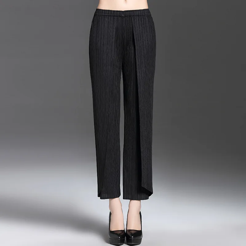 Большие размеры, женские брюки, весна-осень, модные, однотонные, тонкие, стрейч, Miyake, плиссированные прямые брюки, черный, серый, для веса 50-75 кг - Цвет: black