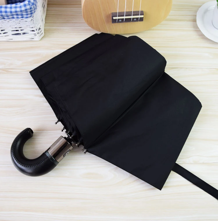 FGHGF Качество Бизнес черная кожа деревянная изогнутая ручка 10 ребра сильный автоматический три складной зонт ветронепроницаемый для мужчин дождь - Цвет: Leather Handle