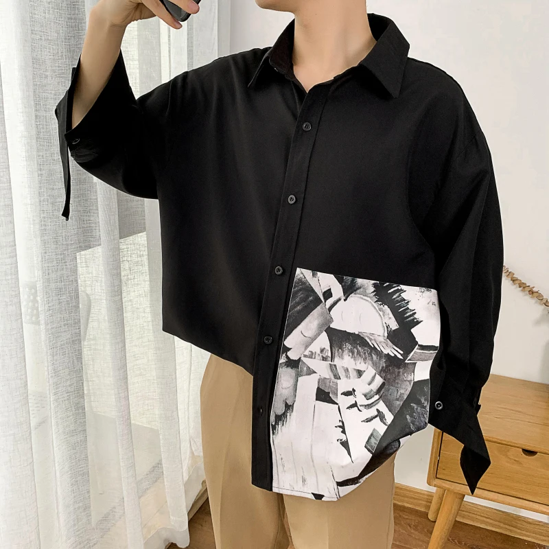 

Men's three quarter sleeve abstract painting print shirts dress 5xl 2019 autumn hip hop streetwear casual shirt men CS26