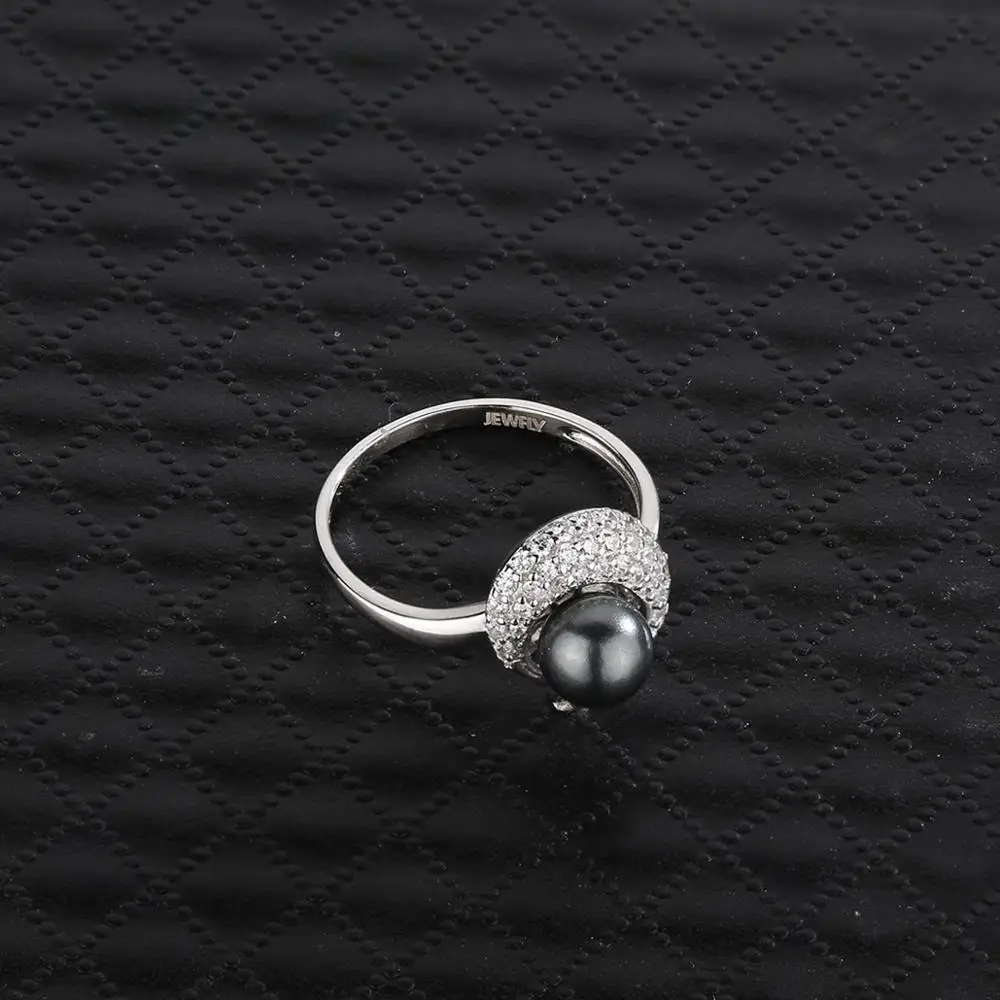 

JEWFLY 925 Sterling Silver Black Pearl Ring Wedding Promise Ring Gift Natural Tahitian Black Pearl Engagement Ring for Women