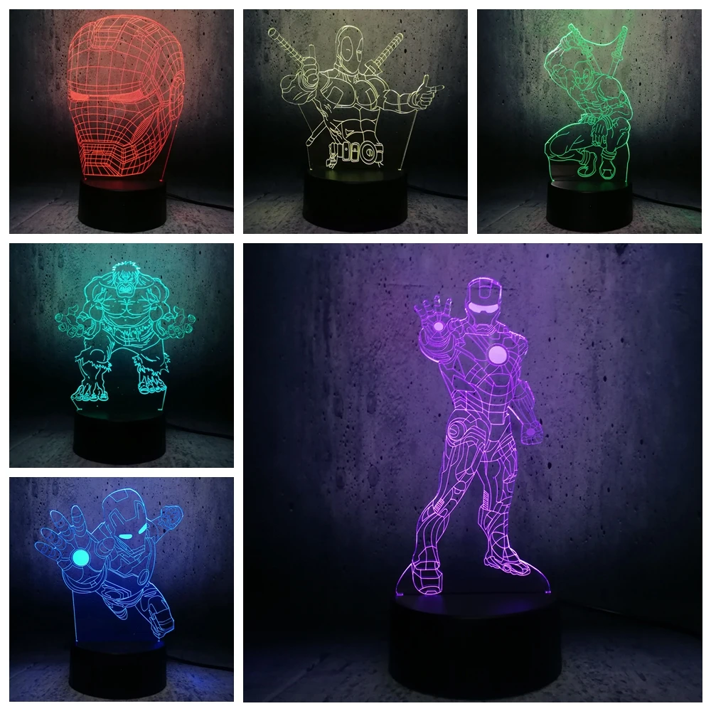 

3D LED IRON MAN Lamp DEADPOOL night light HULK bulb teenager gift bedroom desk decor creative moon lighting children sleep lamp
