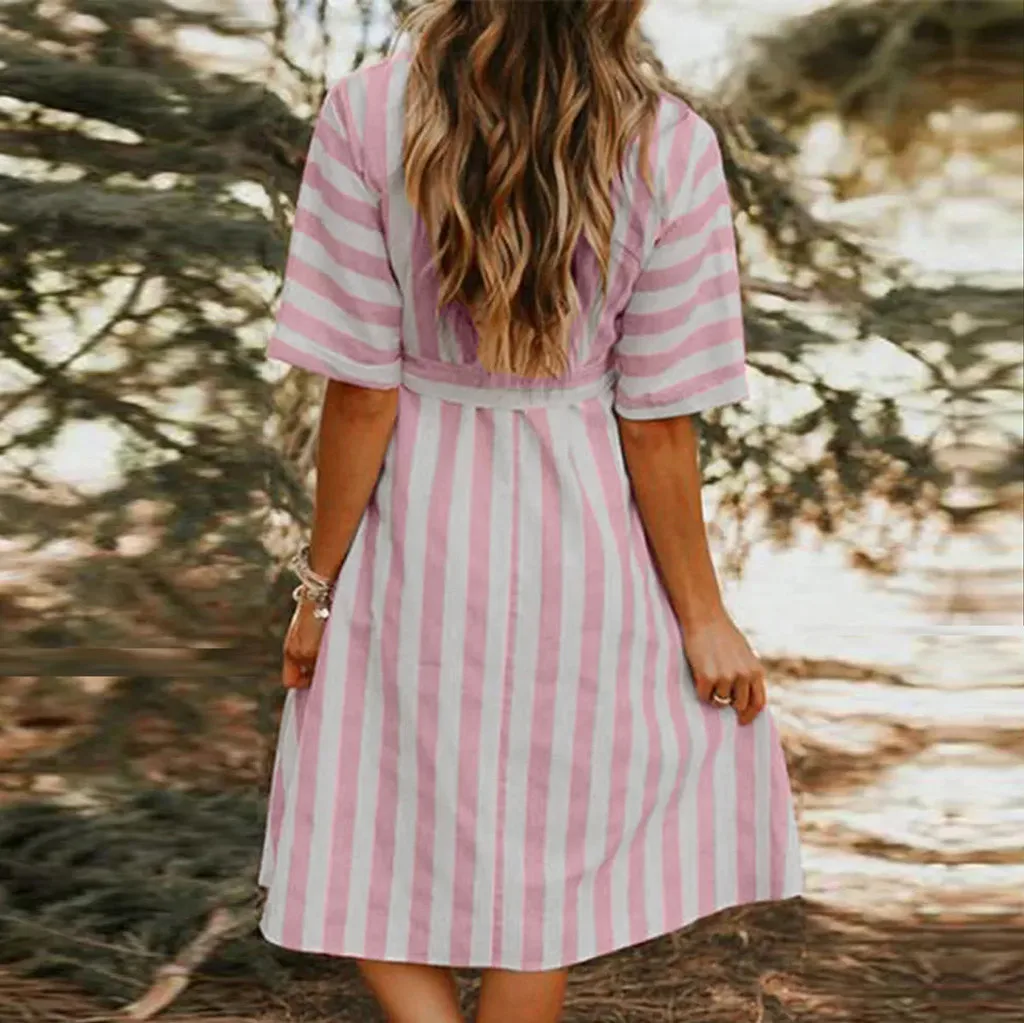 

XINIU Black size xl summer dress plus size striped 2019 Women Casual Striped Half Sleeve V-Neck Pockets Loose Dress #4