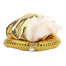 Feather Plume Faux Pearl Glitter Turban Gold Gypsy Fortune Teller Hat Cosplay Party Costume Theater Props faux feather embellished solid tee