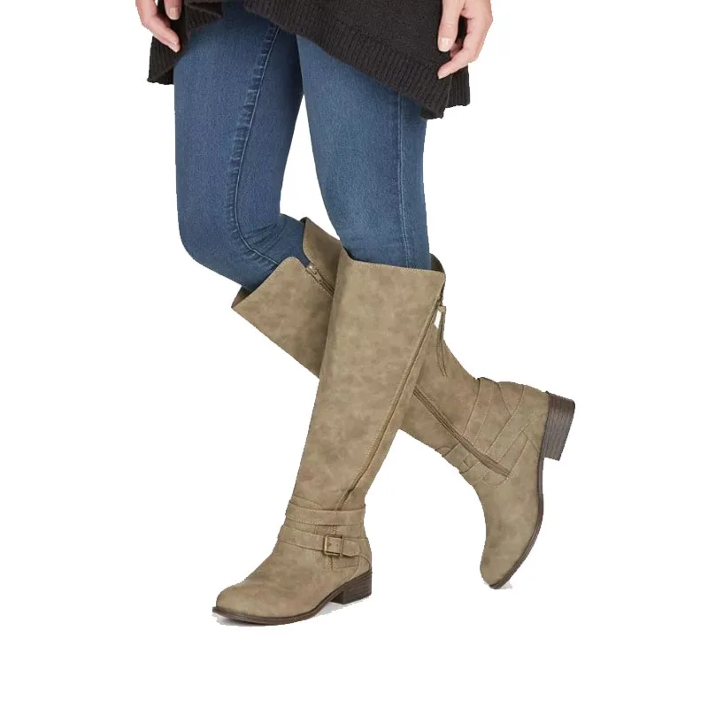 Зимние сапоги до колена из искусственной кожи; женские винтажные сапоги для верховой езды на низком каблуке; женская обувь на платформе с круглым носком и пряжкой; zapatos de mujer