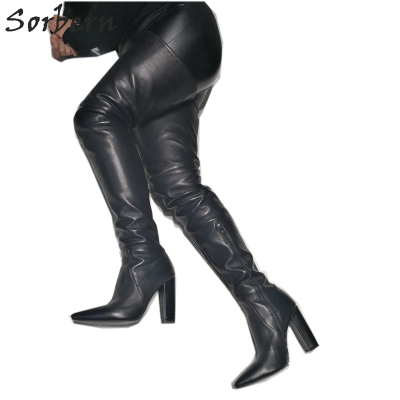 knee high black boots with block heel