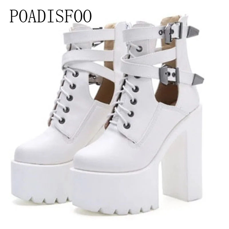

POADISFOO Buckle Women Boots thick-bottomed Short Boots White Super High high-heeled Ankle Boot Shoes .JXQ-5784