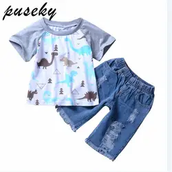 Puseky Kids для мальчиков ясельного возраста повседневные наряды Dinasour Футболка с принтом рваные джинсы футболка с коротким рукавом шорты для
