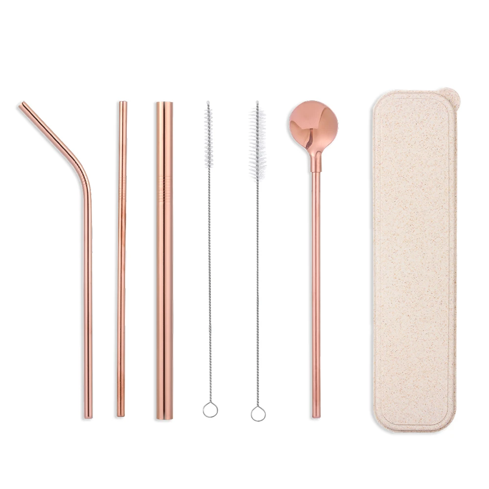 

7PCS Eco-friendly Stainless Steel Drinking Straws Set Cleaning Brush Box Reusable Metal Straw Kitchen Bar Accessories