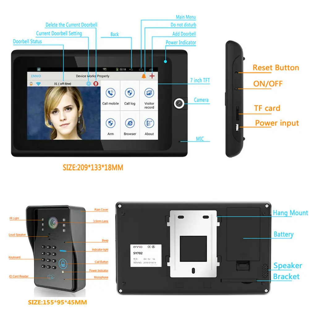 720 P RFID Wi-Fi видео Дверные звонки 7 "WiFi Беспроводной телефон видео домофон IP Камера ПИР ИК Ночное видение дома сигнал тревоги Системы