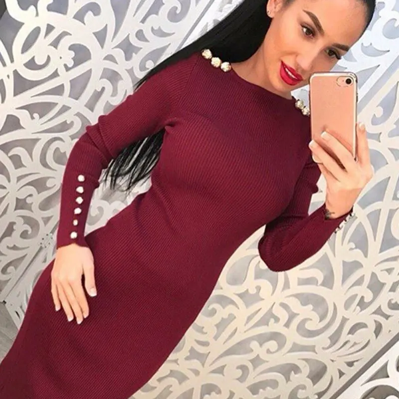 

New arrivalFashion Women Sexy Bodycon Dress Autumn Winter Knitted Midi Dress Vestdos Solid Long Sleeve Hip Dress