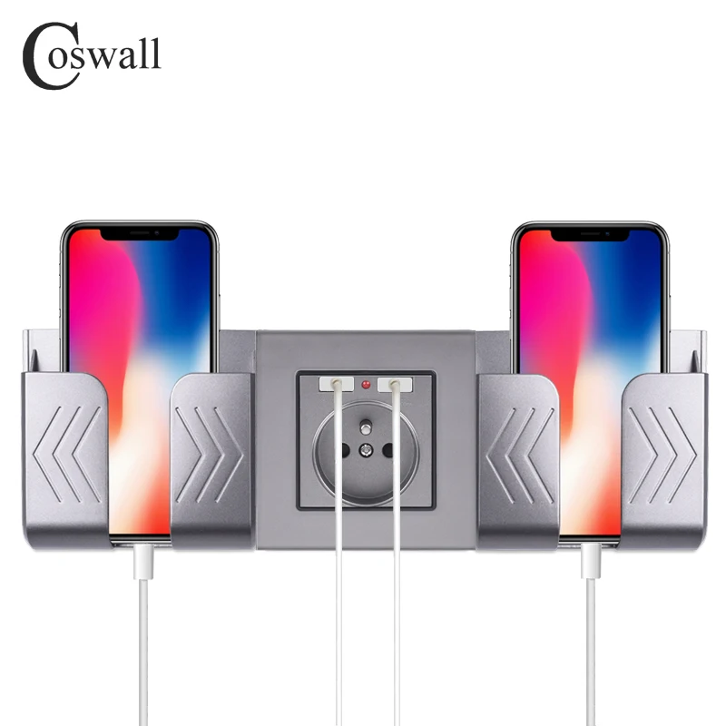 

COSWALL Dual USB Charging Port 16A Wall French Poland Socket Power Outlet Glass Panel PC Panel Matte Grey Color