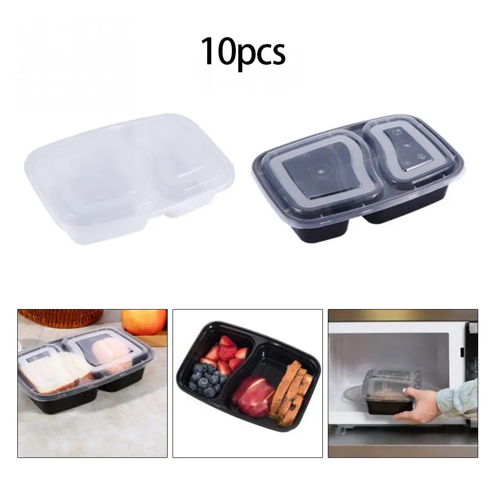 

10 Pcs Plastic Reusable Bento Box Meal Storage Food Prep Lunch Box 2Compartment Reusable Microwavable Containers Home Lunchbox