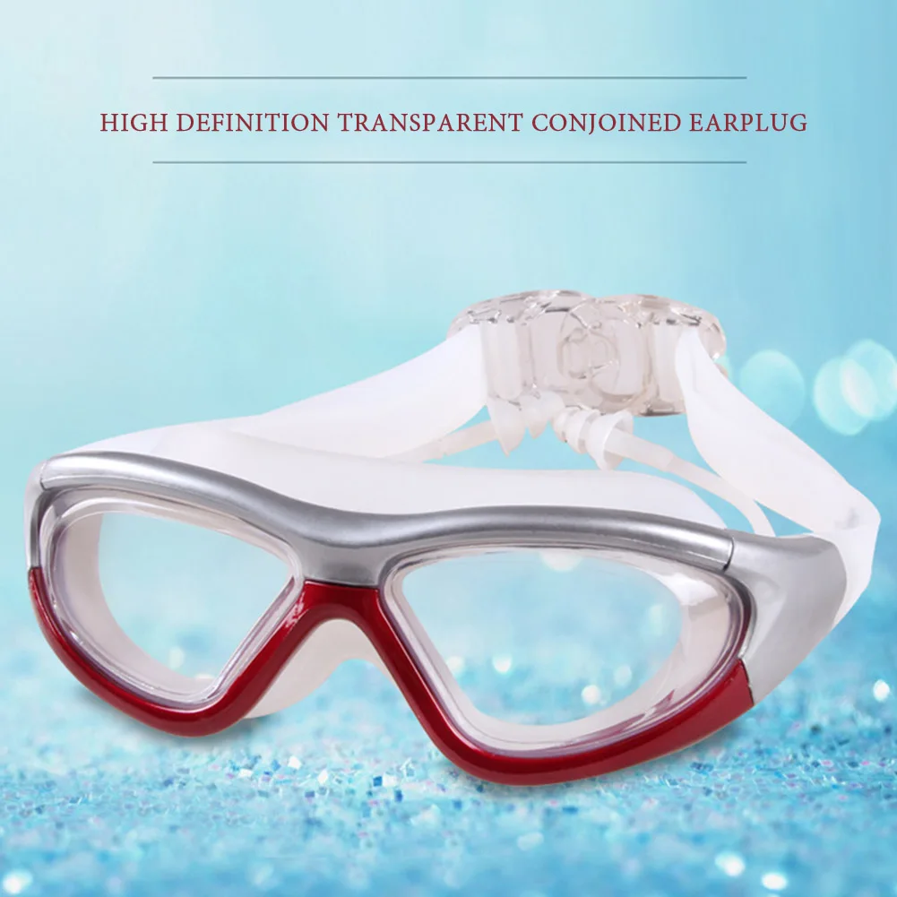 Очки для плавания с затычками для ушей, большая рамка, прозрачные противотуманные водонепроницаемые очки для плавания для взрослых мужчин, женщин, детей, молодежи