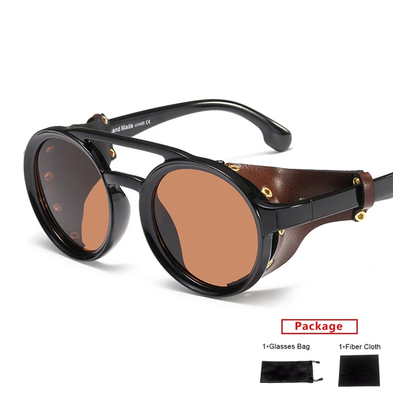 

Mimiyou Круглые Кожаные Солнцезащитные очки женские стимпанк с заклепками солнцезащитные очки мужские женские модные брендовые дизайнерские UV400 очки