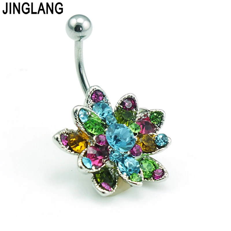 

Fashion Navel Rings Colorful Rhinestones Sunflower Belly Button Rings Stainless Steel Barbell Body Piercing Jewelry