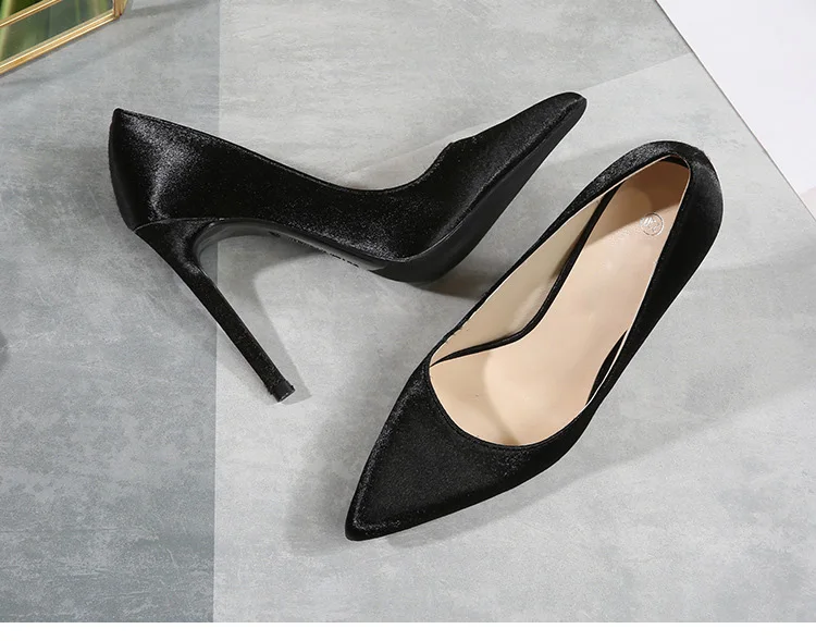 Fashion Satin Shallow Wedding Shoes Elegant Women Pumps Solid Flock Pointed Toe High Heels Shoes Plus size 35-46