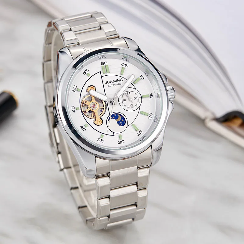 

2019 Luxury Top Silver Automatic Mechanical Men Watch Skeleton Moon Phase Steel Bracelet Self-wind Wristwatch Male Clock relogio