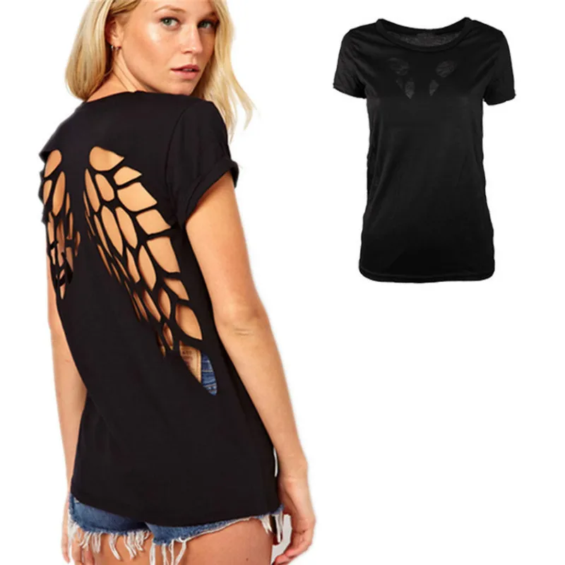 Женская футболка с крыльями ангела camiseta Feminina туника вырезами сзади укороченный
