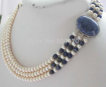 

Free shipping >>@ +3rows Natural White Pearl&Lapis Lazuli Necklace