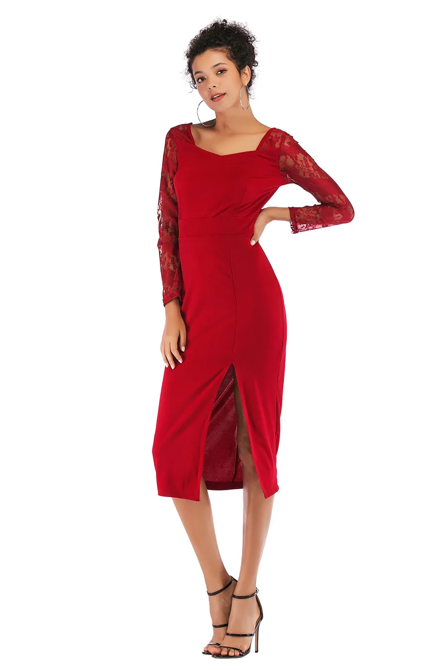 Gladiolus Sexy New Summer Dress Women 2019 Long Sleeve V Neck Slim Lace Patchwork Midi Women Office Dress Ladies Pencil Dresses (15)