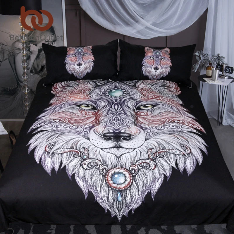 Baratos BeddingOutlet tatuaje cabeza Lobo ropa de cama de bestia salvaje niños conjunto de funda nórdica doble de microfibra negro Animal ropa de cama de tamaño de Reina