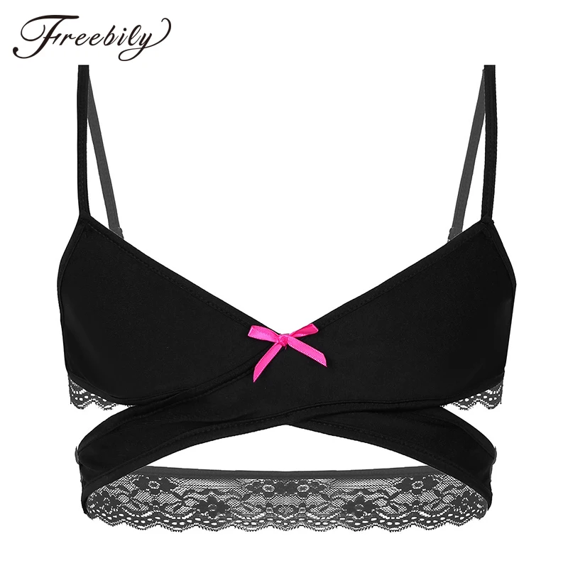 

Sexy Men Bra Sissy Lingerie Gay Underwear Cross Over Back Wire-free Bra Top Adjustable Spaghetti Straps Lace Sissy Gay Male Bra