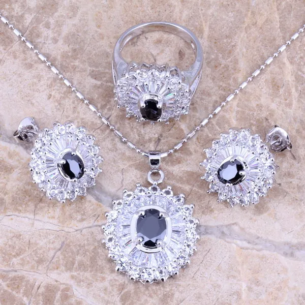 Black Cubic Zirconia White CZ Silver Plated Jewelry Sets Earrings Pendant Ring Size 6 / 7 8 9 10 S0109 | Украшения и аксессуары