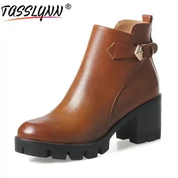 

TASSLYNN 2018 Women Winter Boots Zipper Convenient Autumn Shoes Square High Heels Ankle Boots Round Toe Black Women Shoes 34-43