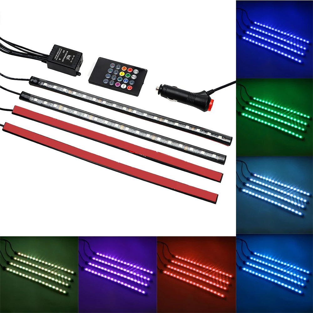 

Car-styling Foot Lamp Remote Control 4 in 1 Car Atmosphere Lamp Car Interior Lights RGB LED Strip Lights Sound Music Control