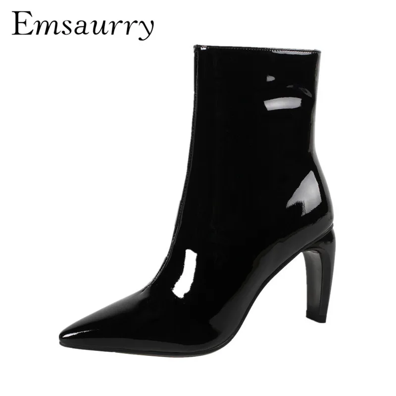 

Fashion Red Patent Leather Ankle Boots Women Unique Crooked Strange Heel Point Toe Side Zip Runway Botas Mujer