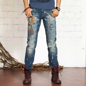 

Europe brand ink jeans four seasons paragraph jeans Men's denim trousers Slim feet