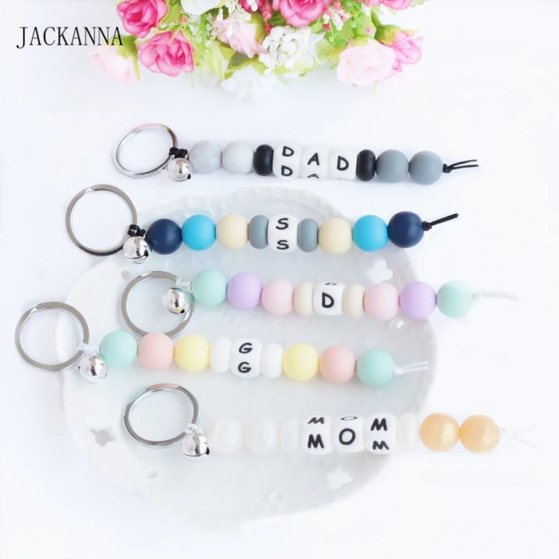 

Personalized Name Silicone Beads Baby Teether Chain With Metal Key Ring ,Cute Silicone Key Chain , Mum / Newborn Gifts BPA FREE