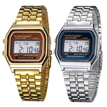 2016 New Fashion gold silver Classic Men Women Retro Stainless Steel LCD Digital Sports Stopwatch Wrist Watch