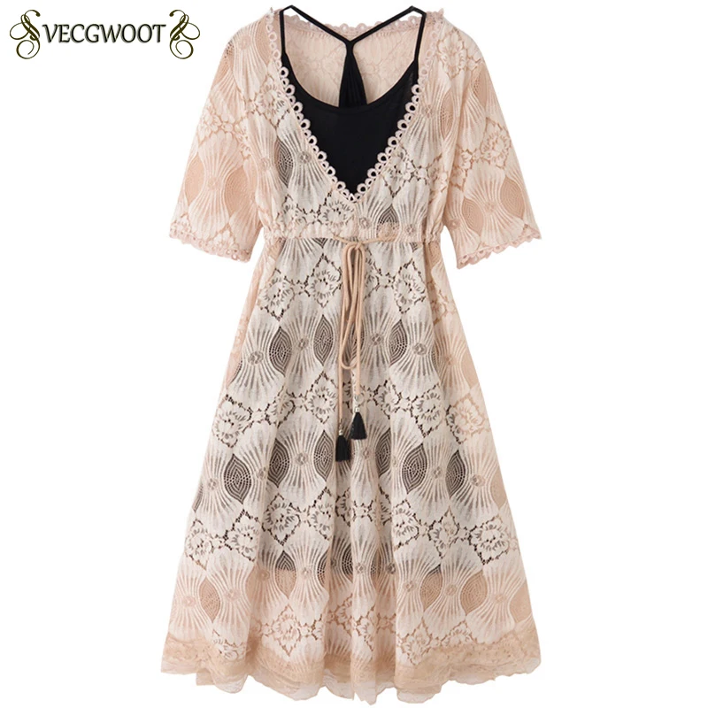 

Plus size 4XL Summer Dresses Women 2019 New Fashion Hollow out Lace Dress Solid V-neck Short sleeve Dress Female Vestidos WYT846
