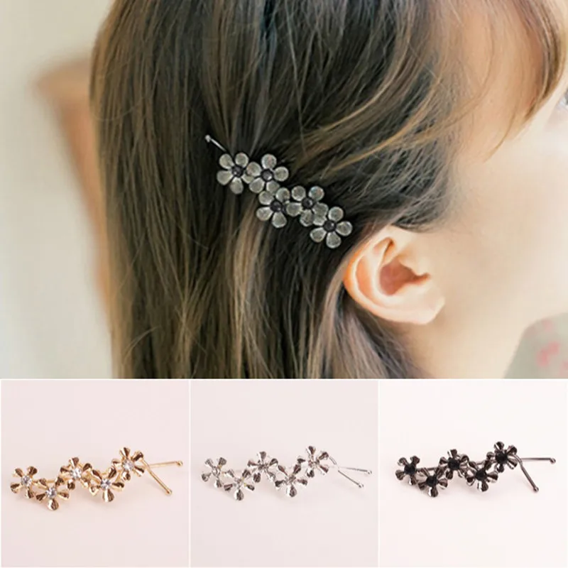 

Hot Sale Women Girl Sweet Crystal Flower Hairpin Metal Texture Side Clip Retro Twist Clip Head Ornaments Wholesale Free Shipping