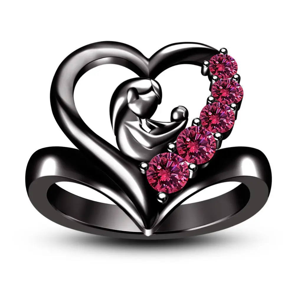 Full Black Gold Filled 1.50 ct Pink Mom & Child Heart Ring, 2017 New Fashion Mother Gift Ring