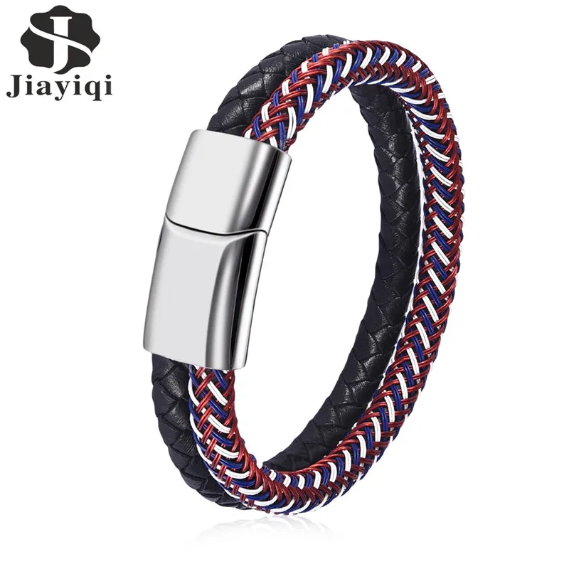 Jiayiqi Punk Men Double Braided Leather Bracelet Stainless Steel Magnetic Clasp Fashion Bangles Best Gift Jiayiqi Punk Men Double Braided Leather Bracelet Stainless Steel Magnetic Clasp Fashion Bangles Best Gift
