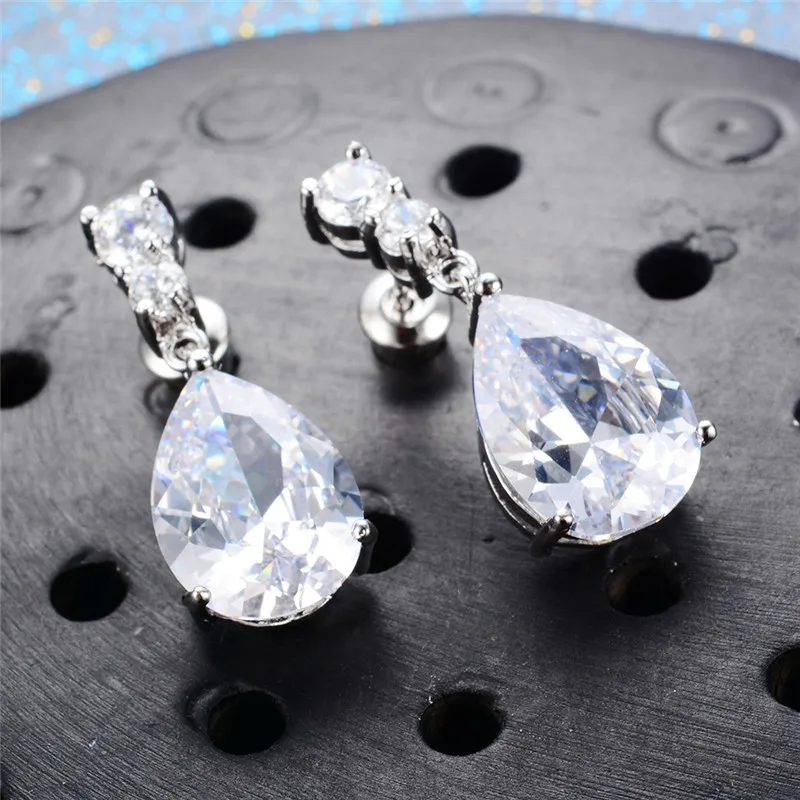 Luxury Female Crystal Water Drop Earrings Fashion 925 Sterling Silver Dangle Earrings Pink Blue Purple Earrings For Women