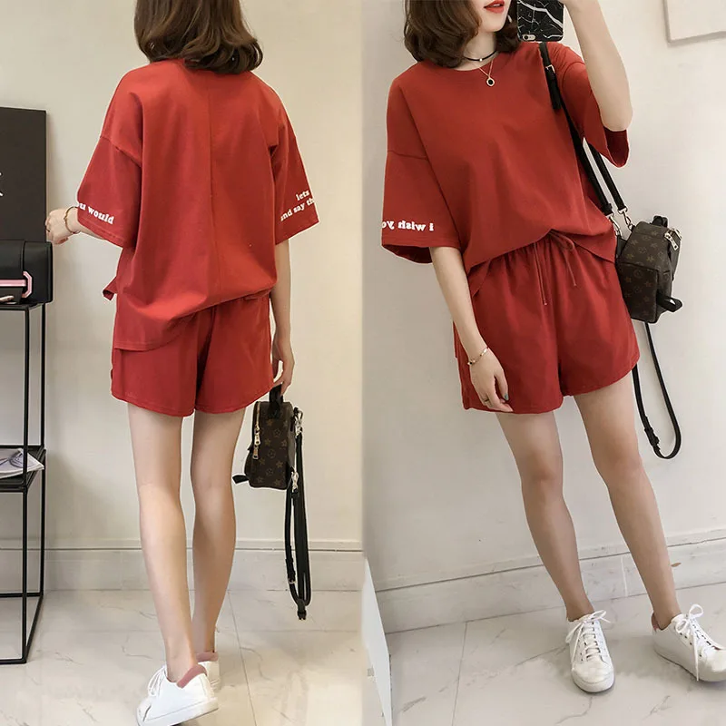 

PADEGAO 2019 Summer Fashionable New Arrival Casual 2 Piece Women Set 2 Color Print Letter O-neck Short Sleeve Tops+Shorts Suit