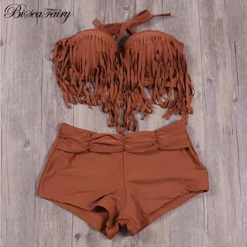 

BISEAFAIRY 2019 Bikinis tassel Women Swimwear High Waist Swimsuit Swimwear Push Up Crop Top Bikini Set Bathing Suit 2XL
